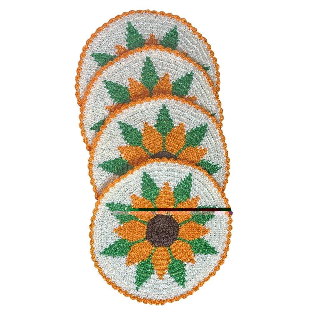 Set of 4 Handmade Crochet Floral Placemats Round Orange Cream Green 13”New